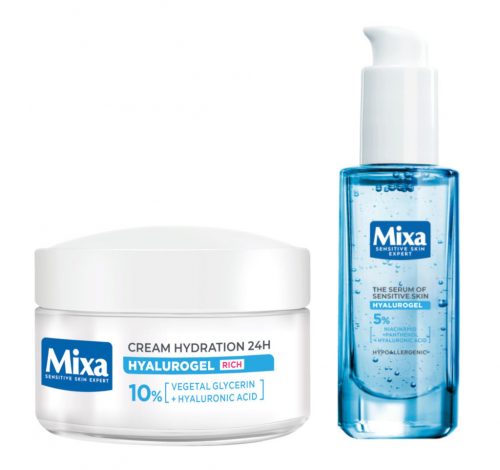  Mixa Hyalurogel set: bogata hidratantna dnevna i noćna krema za lice za osjetljivu kožu 50 ml, hipoalergenski serum s hijaluronskom kiselinom 30 ml