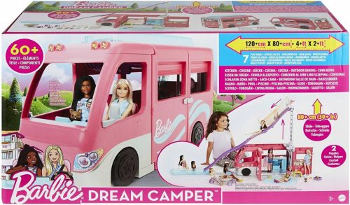  Mattel Barbie Dream prikolica s ogromnim toboganom, tobogan dužine 76 cm, 60 elemenata za igru, Dream Camper HCD46