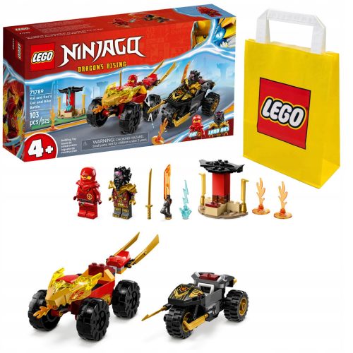  LEGO Ninjago Kai i Ras u dvoboju automobila i bicikla 71789 + LEGO papirnata vrećica 6315786 žuta 24x8x18 cm