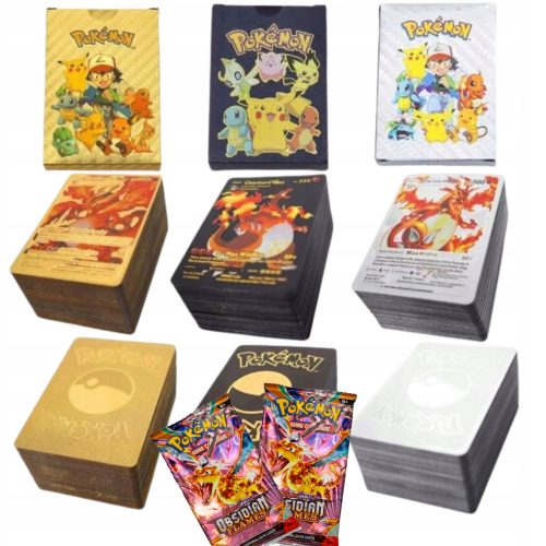  POKEMON kartice 3u1 165 komada Zlatno Crno Srebrni Set + 3× OBSIDIAN PLAMEN Pokemon kartice 1 vrećica od 10 karata