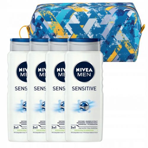  NIVEA MEN SENSITIVE Muški gel za tuširanje za umivanje 500ml x4 + Kozmetička torbica