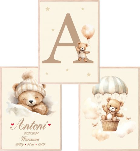  Set od 3 A3 postera Beige Teddy Bears s balonima s imenom djeteta